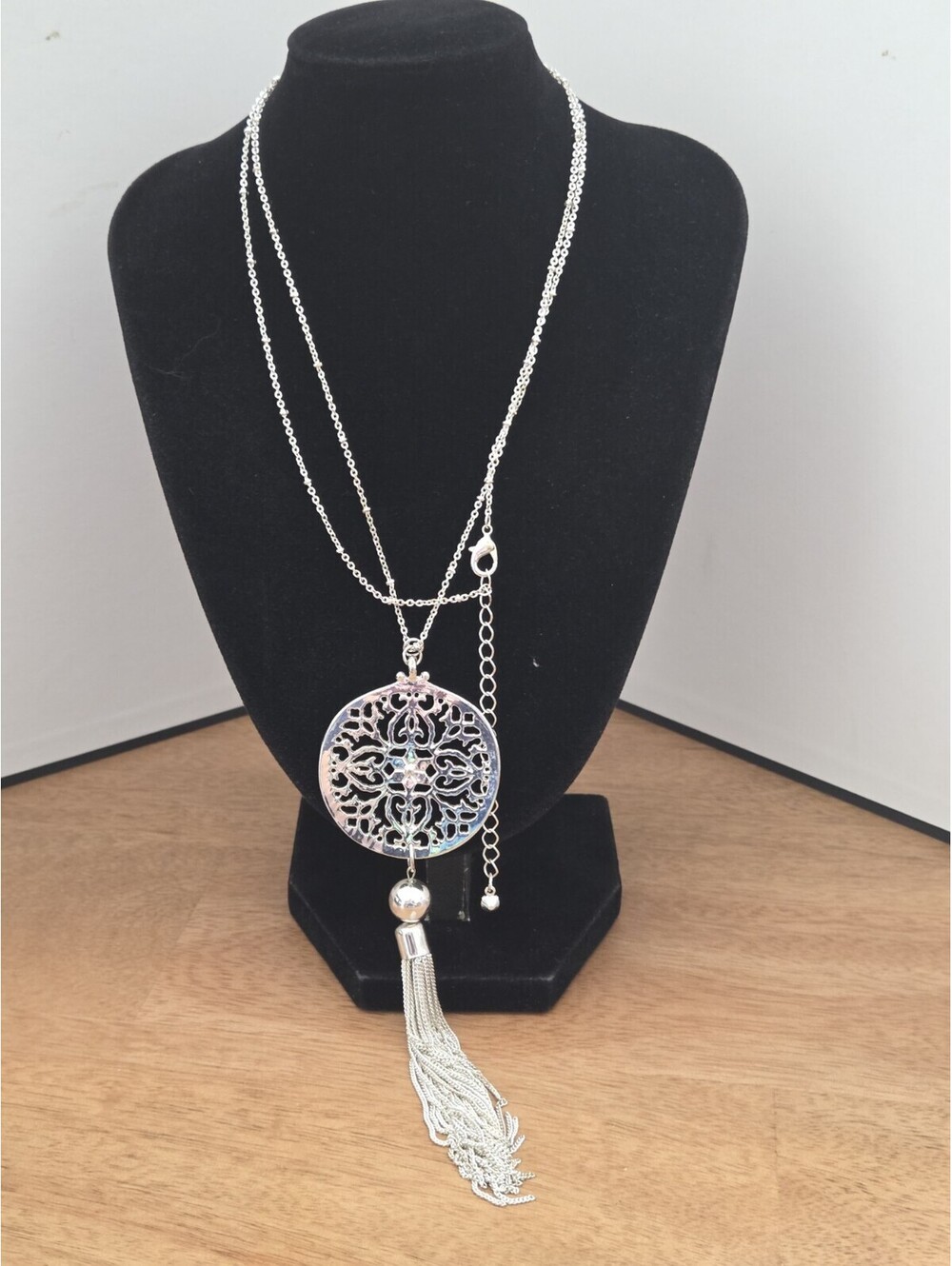Silver Tone Filigree Medallion Tassel Long Layered Necklace Statement Boho